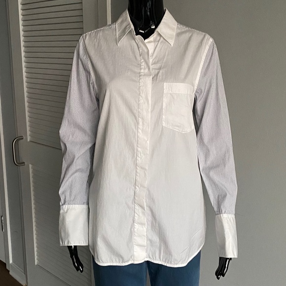 VINCE 100% COTTON STRIPED WHITE LIGHT BLUE PINSTRIPE SHIRT SZ 6 M - Picture 1 of 12